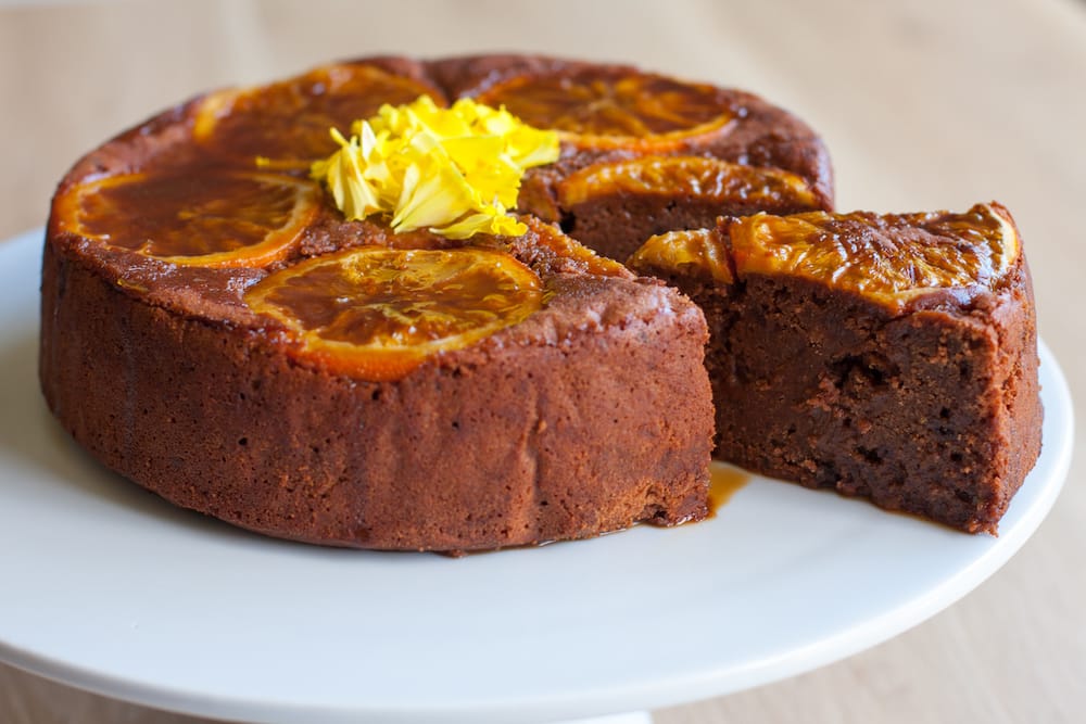 Gaia Tree's dense vegan upside down orange chocolate cake drenched in caramel glaze
