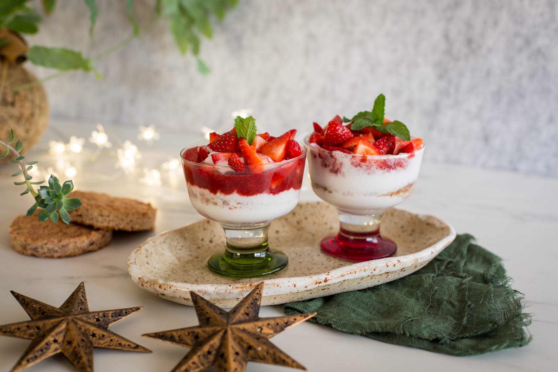 A pair of Strawberry trifle fools by Gaia Tree with strawberry scones - all vegan and refined-sugar-free