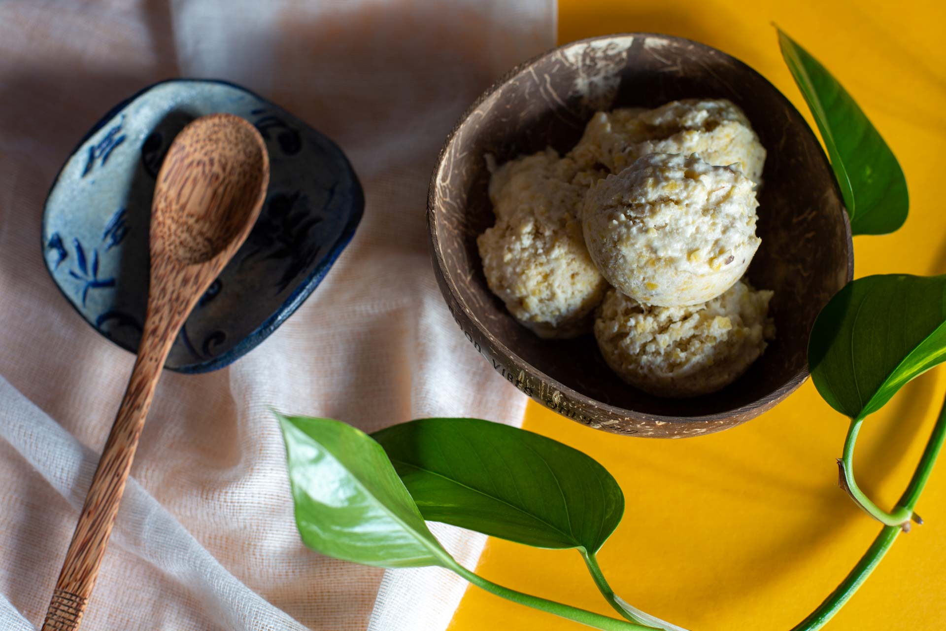 Tropical Jackfruit and coconut ice cream scooped into a coconut bowl