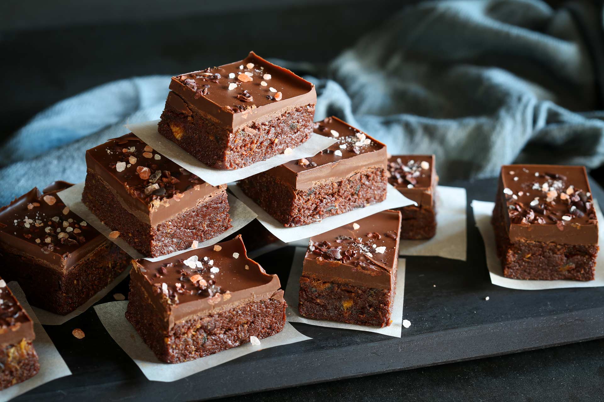 A pyramid of our rich chocolate loaded brownie slice